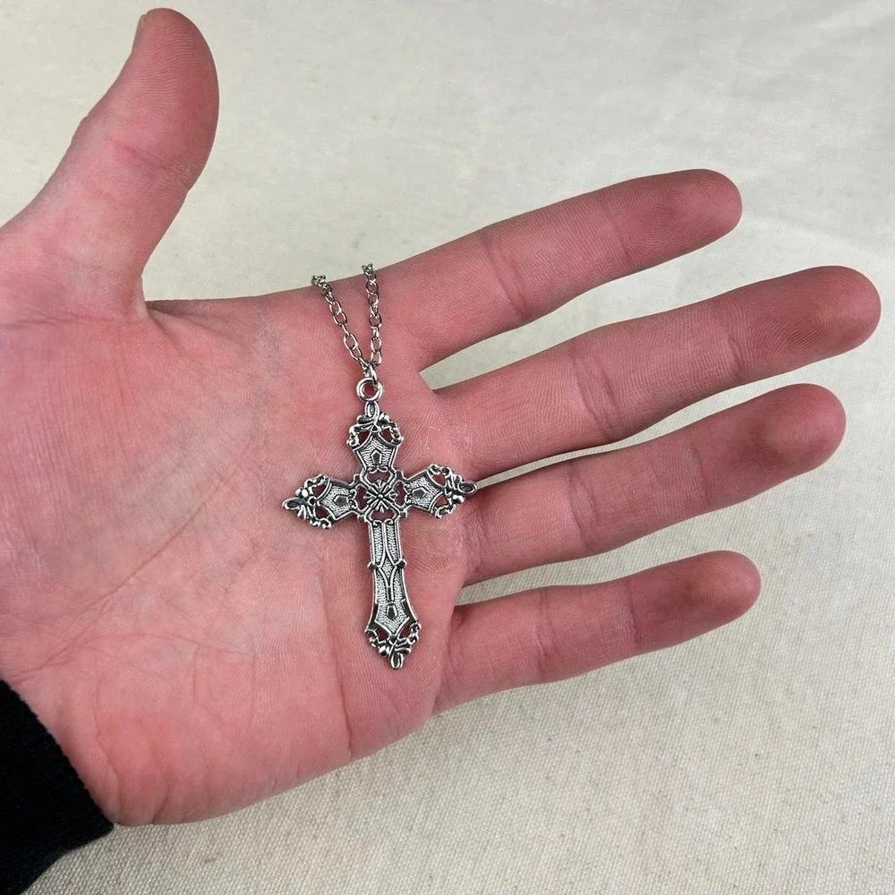 Vintage Y2K silver renaissance cross opium cyber punk style necklace emo goth